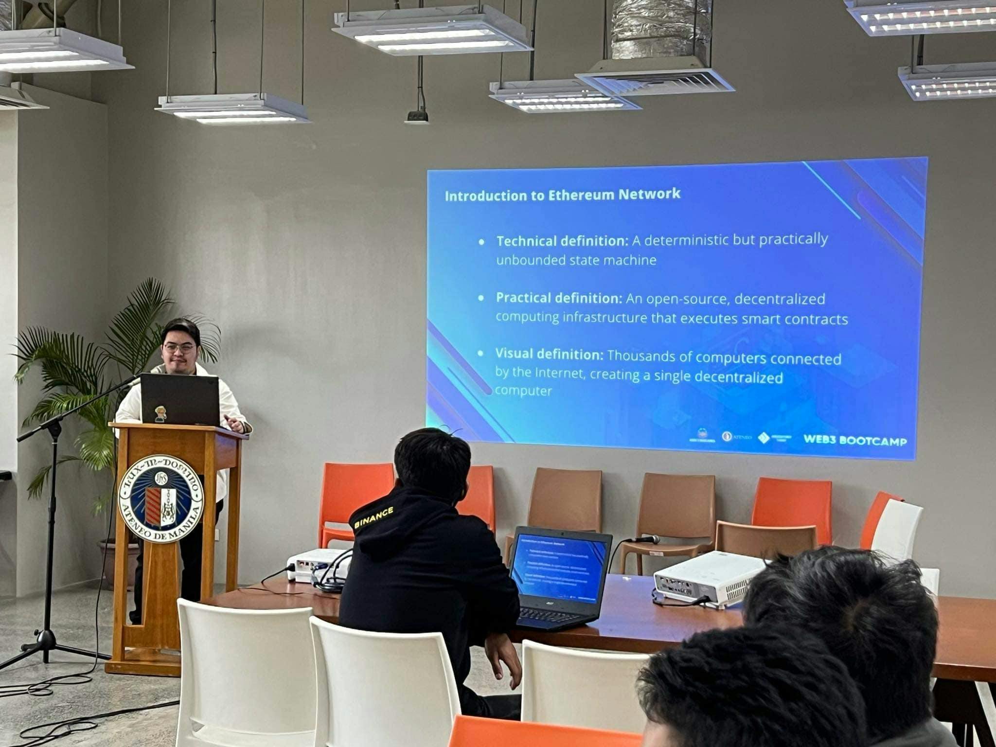me introducing ethereum to participants at a web3 hackathon in the philippines